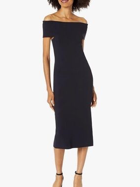 Off the Shoulder Midi Navy Wedding Guest Dress